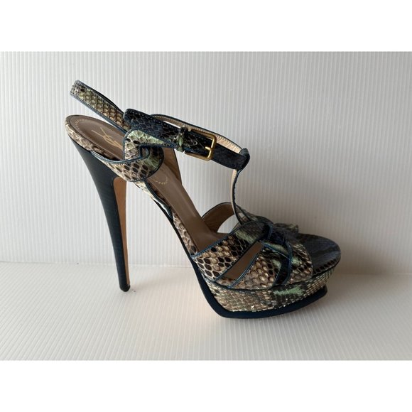 YSL Blue Leather Reptile Embossed Platform Sandals, Size 40 (IT), 10 (US) - Picture 1 of 11